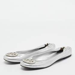 Pre Owned Tory Burch Silver Leather Ballet Flats Size 39.5