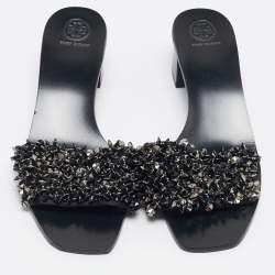 Tory Burch Black Satin Logan Embellished Slide Sandals Size 40.5