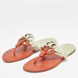 Pre Owned Tory Burch Orange/Grey Leather Miller Thong Flats Size 38.5