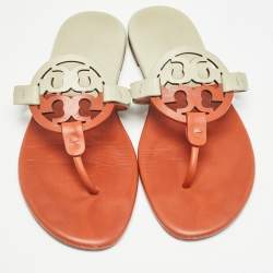 Pre Owned Tory Burch Orange/Grey Leather Miller Thong Flats Size 38.5