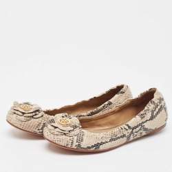Tory Burch Beige/Black Python Embossed Leather Scrunch Ballet Flats Size 37.5