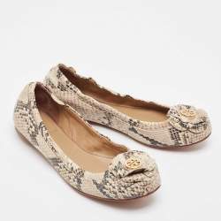 Tory Burch Beige/Black Python Embossed Leather Scrunch Ballet Flats Size 37.5