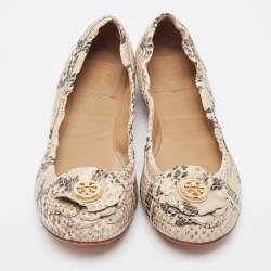 Tory Burch Beige/Black Python Embossed Leather Scrunch Ballet Flats Size 37.5