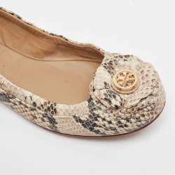 Tory Burch Beige/Black Python Embossed Leather Scrunch Ballet Flats Size 37.5