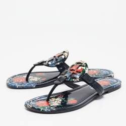 Tory Burch Navy Blue Floral Print Patent Leather Miller Thong Flats Size 38.5