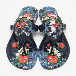 Tory Burch Navy Blue Floral Print Patent Leather Miller Thong Flats Size 38.5