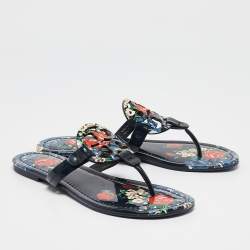 Tory Burch Navy Blue Floral Print Patent Leather Miller Thong Flats Size 38.5