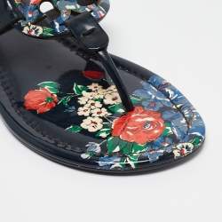 Tory Burch Navy Blue Floral Print Patent Leather Miller Thong Flats Size 38.5