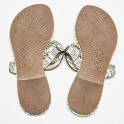 Pre Owned Tory Burch Off White/Blue Striped Embossed Snakeskin Miller Thong Flats Size 37.5