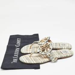 Pre Owned Tory Burch Off White/Blue Striped Embossed Snakeskin Miller Thong Flats Size 37.5