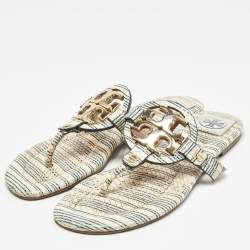 Pre Owned Tory Burch Off White/Blue Striped Embossed Snakeskin Miller Thong Flats Size 37.5