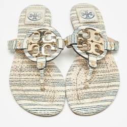 Pre Owned Tory Burch Off White/Blue Striped Embossed Snakeskin Miller Thong Flats Size 37.5