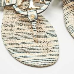 Pre Owned Tory Burch Off White/Blue Striped Embossed Snakeskin Miller Thong Flats Size 37.5