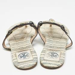 Pre Owned Tory Burch Off White/Blue Striped Embossed Snakeskin Miller Thong Flats Size 37.5