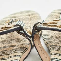 Pre Owned Tory Burch Off White/Blue Striped Embossed Snakeskin Miller Thong Flats Size 37.5