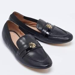 Pre Owned Tory Burch Black Leather Jolie Stretch Smoking Slippers Size 35
