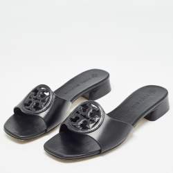 Pre Owned Tory Burch Black Leather Bombe Miller Slide Sandals Size 37.5