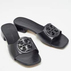 Pre Owned Tory Burch Black Leather Bombe Miller Slide Sandals Size 37.5