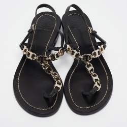 Pre Owned Tory Burch Black Leather Chain Detail Thong Sandals Size 36