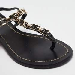 Pre Owned Tory Burch Black Leather Chain Detail Thong Sandals Size 36
