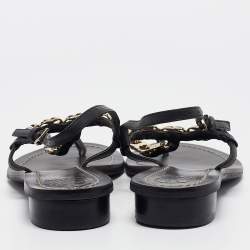 Pre Owned Tory Burch Black Leather Chain Detail Thong Sandals Size 36