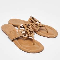 Pre Owned Tory Burch Beige Patent Leather Thong Flats Size 38.5