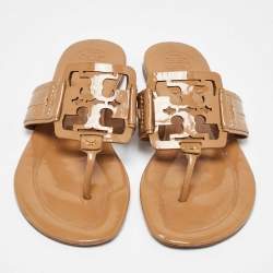 Pre Owned Tory Burch Beige Patent Leather Thong Flats Size 38.5