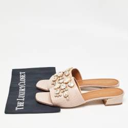 Pre Owned Tory Burch Pink Embossed Croc Crystal Embellished Slide Sandals Size 39.5