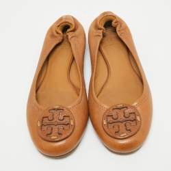 Tory Burch Brown Leather Minnie Scrunch Ballet Flats Size 38.5
