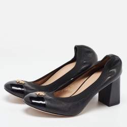 Tory Burch Black Leather Jolie Block Heel Pumps Size 38.5