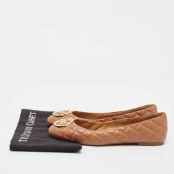 Pre Owned Tory Burch Brown Quilted Leather Benton 2 Ballet Flats Size 38.5