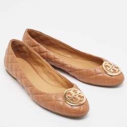 Pre Owned Tory Burch Brown Quilted Leather Benton 2 Ballet Flats Size 38.5