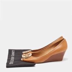 Tory Burch Brown Leather Julianne Peep Toe Wedge Pumps Size 40
