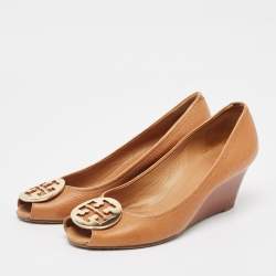Tory Burch Brown Leather Julianne Peep Toe Wedge Pumps Size 40