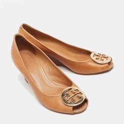 Tory Burch Brown Leather Julianne Peep Toe Wedge Pumps Size 40