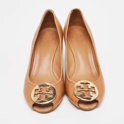 Tory Burch Brown Leather Julianne Peep Toe Wedge Pumps Size 40