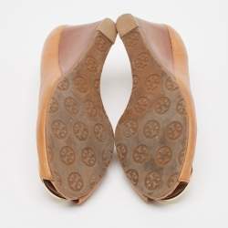 Tory Burch Brown Leather Julianne Peep Toe Wedge Pumps Size 40