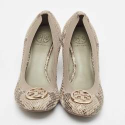 Tory Burch Two Tone Snakeskin Embossed Suede Scrunch Wedge Pumps Size 38