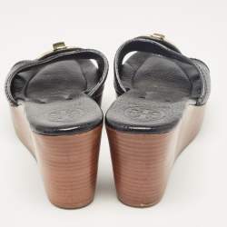 Pre Owned Tory Burch Black Leather Wedge Sandals Size 38