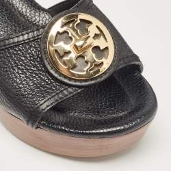 Pre Owned Tory Burch Black Leather Wedge Sandals Size 38