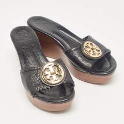 Pre Owned Tory Burch Black Leather Wedge Sandals Size 38