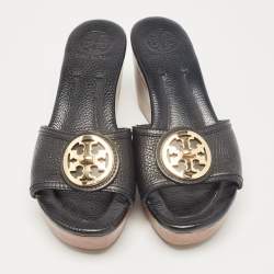 Pre Owned Tory Burch Black Leather Wedge Sandals Size 38