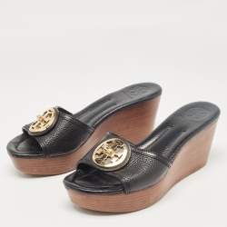 Pre Owned Tory Burch Black Leather Wedge Sandals Size 38