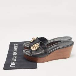 Pre Owned Tory Burch Black Leather Wedge Sandals Size 38