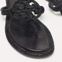Pre Owned Tory Burch Black Leather Crystals Knotted Miller Thong Flats Size 38.5