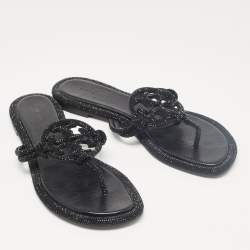 Pre Owned Tory Burch Black Leather Crystals Knotted Miller Thong Flats Size 38.5