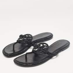 Pre Owned Tory Burch Black Leather Crystals Knotted Miller Thong Flats Size 38.5