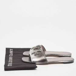 Pre Owned Tory Burch Ombre Grey Snakeskin Embossed Leather Eleanor Crystals Slide Flats Size 39