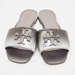 Pre Owned Tory Burch Ombre Grey Snakeskin Embossed Leather Eleanor Crystals Slide Flats Size 39