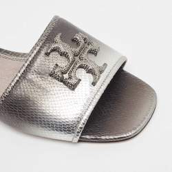 Pre Owned Tory Burch Ombre Grey Snakeskin Embossed Leather Eleanor Crystals Slide Flats Size 39